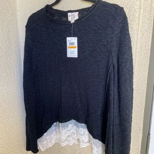 Trendy Boho Sweater with Lace Hem (NWT)